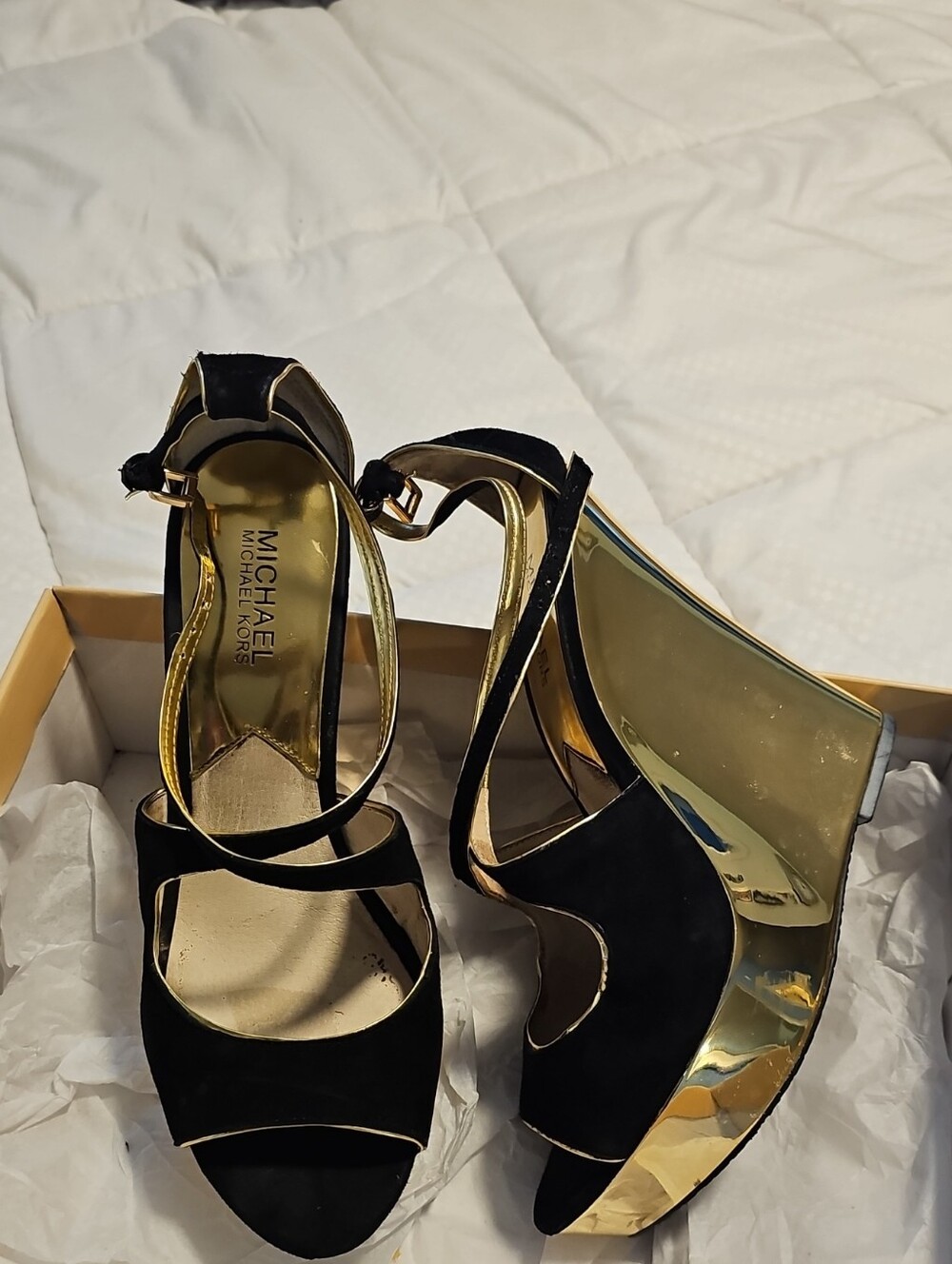 Michael Kors Black Suede Wedge Sandals with Gold Metallic Platform